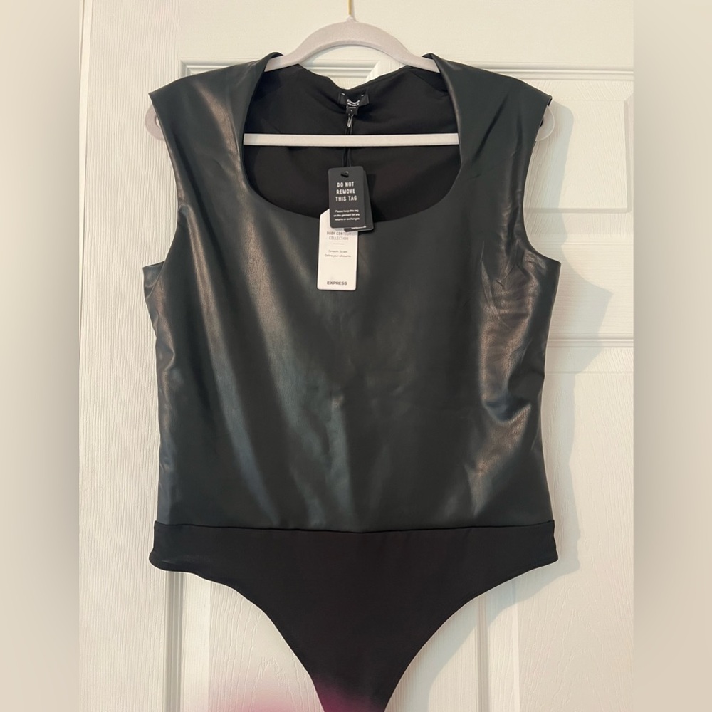 Express Bodycon Faux leather scoop neck bodysuit